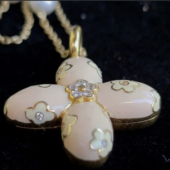 Aaron Basha 18k Gold Diamond Enamel Cross Pendant-14k Gold Pearl Necklace 20.6gm